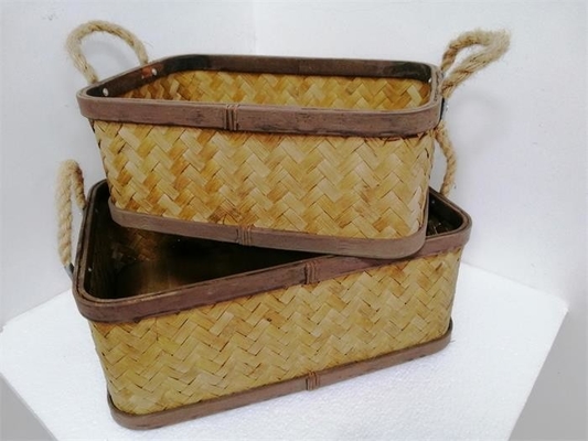 Beige Woven Rectangle Basket Set With Rope Handle