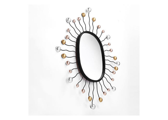 Oval Shaped Mirror Wall Decor Black Metal Frame Dotted With Gold And Silver Color