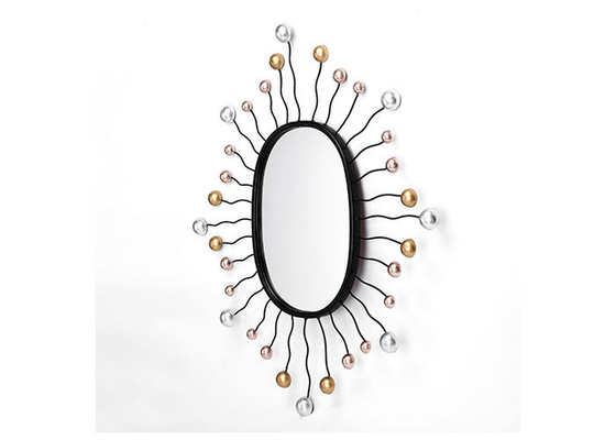 Oval Shaped Mirror Wall Decor Black Metal Frame Dotted With Gold And Silver Color