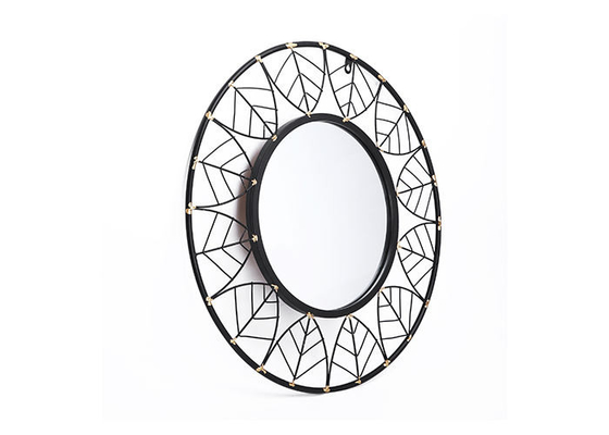 Black Round Frame Leaves Dotted With Gold Design Mirrored Metal Wall Art For Outdoor Indoor