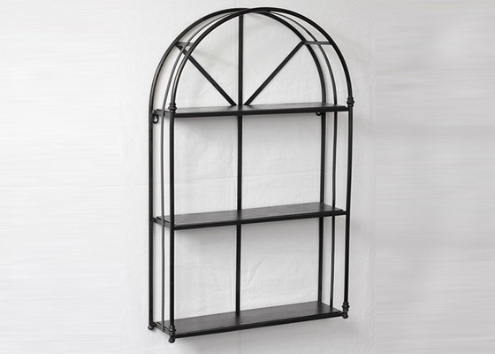 Living Room Black Floating Metal And Wood Display Shelves