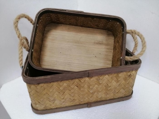 Beige Woven Rectangle Basket Set With Rope Handle