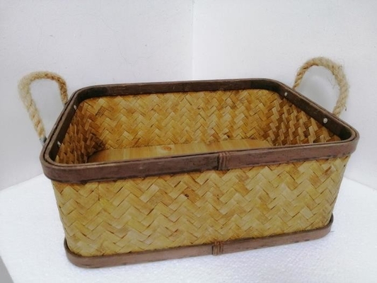 Beige Woven Rectangle Basket Set With Rope Handle