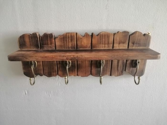 Handmade 15.75 Inch Dark Brown Wood Wall-Mounted Coat Rack, 4 Hooks