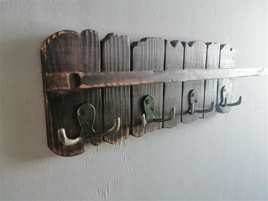 15.75 Inch, 4 Pieces Double Metal Hooks, Wood Wall-Mounted Coat Rack